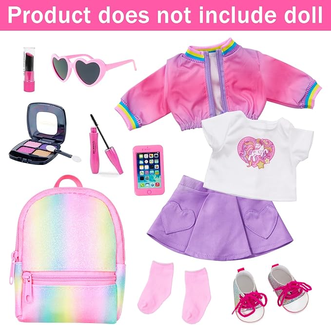 American 18 Inch Doll Clothes and Makeup Accessories Set - Dolls Makeup and Outfit Playsets Bundle with Rainbow Backpack and Fashion Essentials (Doll NOT Included)