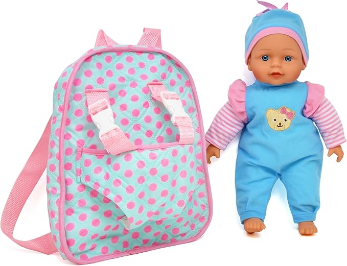 13in Soft Baby Doll with Take Along Pink Backpack Carrier, Briefcase Pocket Fits Accessories and Clothing