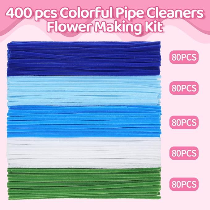 Praisebank Blue Pipe Cleaners for Crafts (400pcs with Instruction), Flower Making Kit, Chenille Stems for DIY Projecets, Arts & Crafts Supplies for Festival Party Decorations