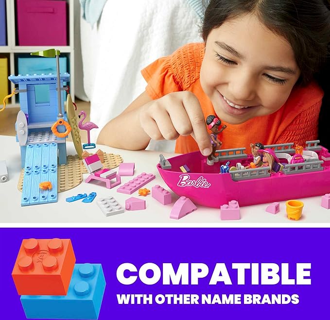 MEGA Barbie Kids Building Toy Set, Malibu Dream Boat with 317 Pieces, 2 Micro-Dolls and Accessories, Pink, Ages 6+ Years