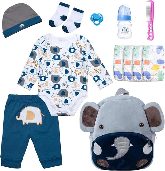 12 Pcs Reborn Baby Dolls Clothes Boy Outfit Accessories Elephant Theme Set for 17-22 Inch Reborn Dolls Newborn Boy with Elephant Backpack Diaper