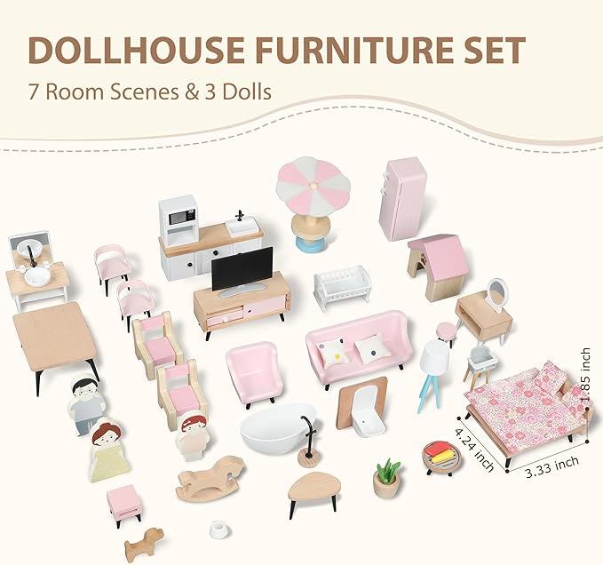 Pithfor Wooden Dollhouse Furniture Set, Dollhouse Accessories and Furniture, with 7 Rooms 3 Dolls, Includes Patio Set & Dog Set, Doll House Furniture Toys Gift for Kids Boys Girls