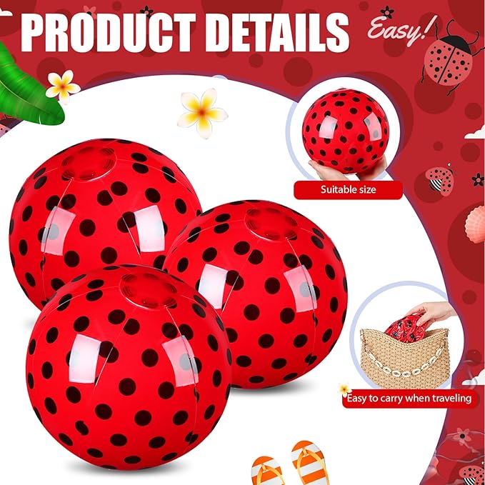 Leyndo 12 Pack Polka Dots Ladybug Beach Ball for Kids 7.87" Bulk for Summer Pool and Beach Game Gifts and Birthday Party Supplies and End of The Year Class Party Decoration Favors