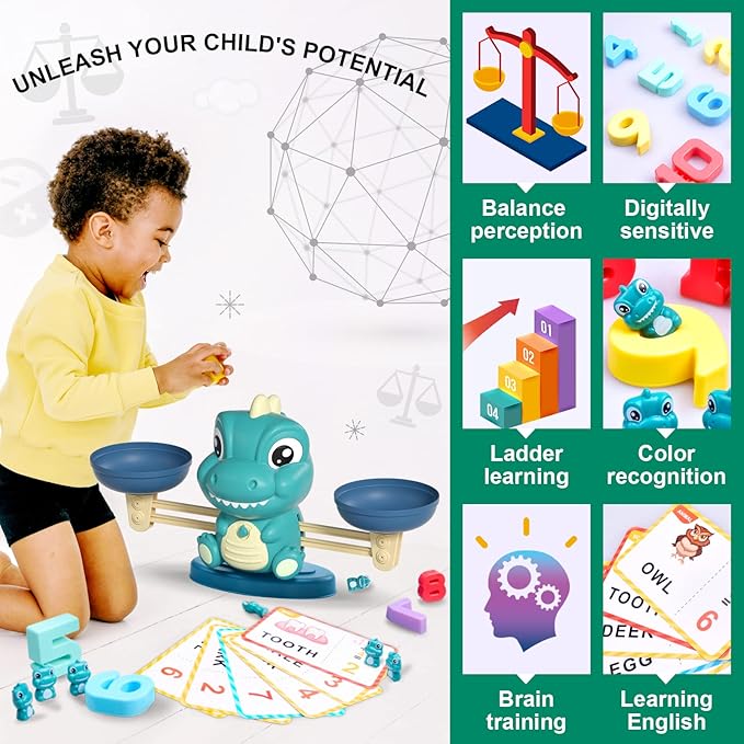 Kaodezhu Dinosaur Math Balance Toys - Montessori Toys for 3 Years Old Kids, Learning and Educational Toys for Boys and Girls - Birthday Gifts for 4 5 6 7 Year Old Boys
