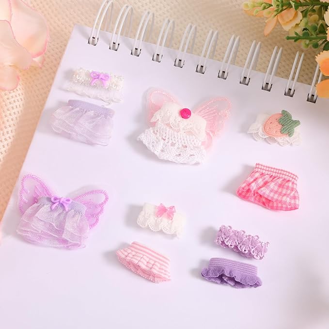 6 Sets Clothes for 3in/7.62cm Collectible Dolls, Handcrafted Adorable Doll Clothing Outfit Costume with Tops and Skirts Dress Accessories for Toy Enthusiasts Display & Decoration (Pink, Purple)