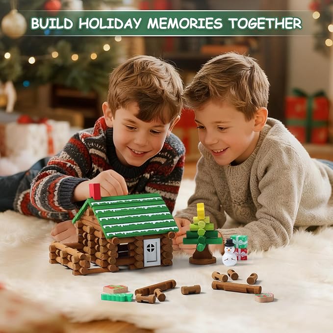 SainSmart Jr. Wooden Logs Set 182 Pcs Building House Toy for Toddlers with Christmas Tree Logs, Classical STEM Construction Kit Compatible with Lincoln Logs for 3+ Kids