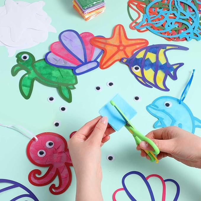 24 Sets Paper Crafts Kit with Colored Tissue Paper Sticker Tools Hanging Ornaments Suncatcher for Window Classroom Activity (24 Sets,Ocean)