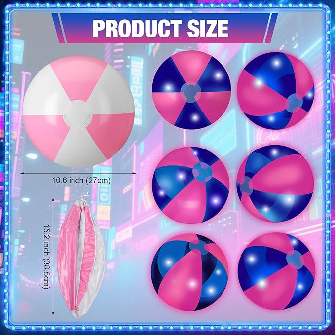 12 Pcs Light up Beach Balls 16'' Jumbo Pool LED Balls Glow in The Dark Neon Giant Inflatable for Summer Hawaiian Tropical Theme Beach Party Decor Water Accessory (Pink)