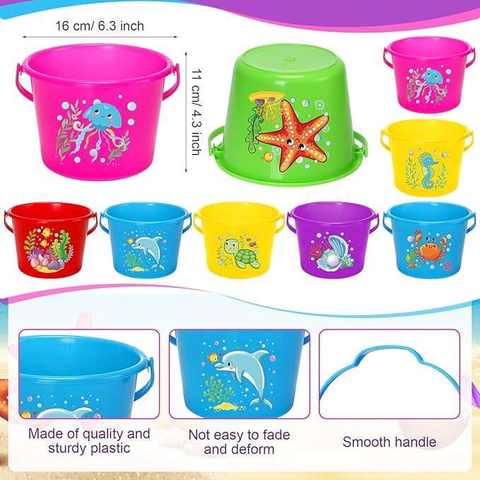 Jerify 30 Pieces Mini Plastic Beach Pail 6.3 Inch Plastic Small Bucket Small Sand Pail Building Beach and Sandbox Toys for Summer Practical Gift Party Favor and Prize(Sea Animal)