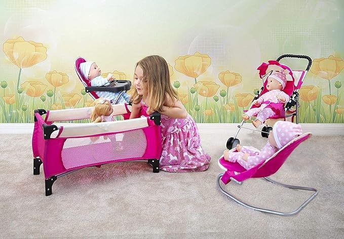 fash n kolor 4 Piece Pink Baby Doll Set, Includes - 1 Pack n Play with Carry Bag, 2 Doll Stroller, 3 Doll High Chair, 4 Infant Seat,