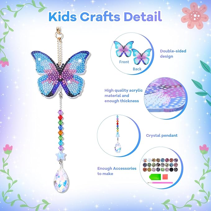 Diamond Art Kits for Kids Ages 6-12: Gifts for 7 8 9 10 Year Old Girls Teens Birthday Gifts Creative Arts & Crafts for Girls Boys DIY Wind Chime & Suncatcher Craft Kit Crystal Decor Kit Butterfly