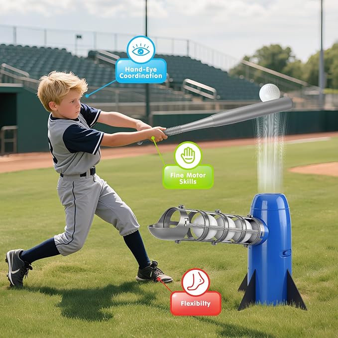 Auto Kids Baseball Pitching Machine, Automatic Baseball Launchers for Kids 6-8, Batting Practice Equipment with 5 Plastic Balls & Bat, Pop Up Tball Trainer, Blue