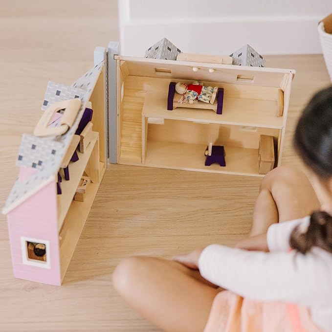 Melissa & Doug Fold & Go Wooden Dollhouse with 2 Dolls and 11 Pieces of Furniture - Portable Mini Doll House with Accessories and Toy Figures, Ages 3+