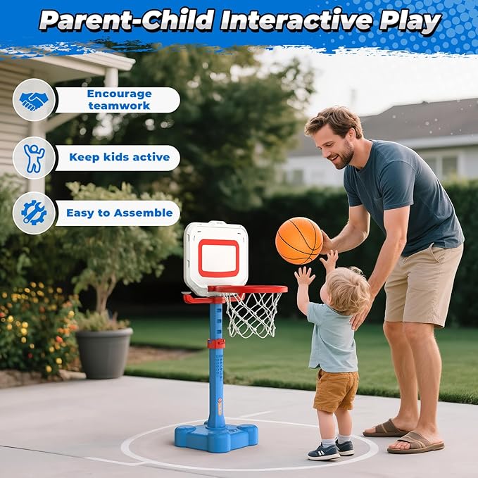 EagleStone 4-in-1 Toddler Basketball Hoop and T Ball Set, Adjustable Height Basketball Hoop,Tee Ball & Ring Toss Toy, Outdoor Indoor Sports Gift for Boys Girls Toddlers Ages 3-8