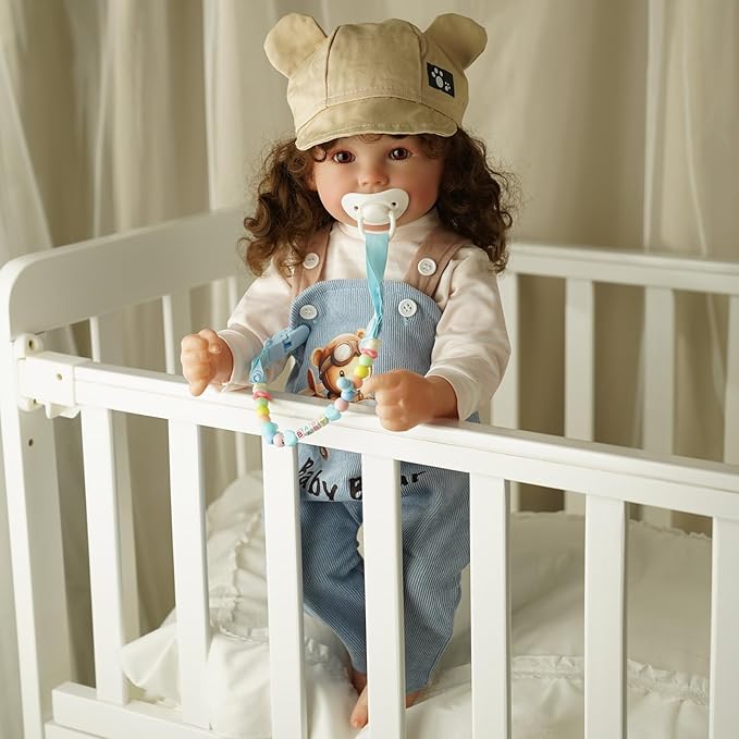 BABESIDE 4 Pcs Reborn Baby Doll Clothes Set for 17-22 Inch Babydolls, Cute Bear Doll Overalls Set with Hat and Dolls Pacifier Clip Chain for Realistic Baby Dolls, Blue