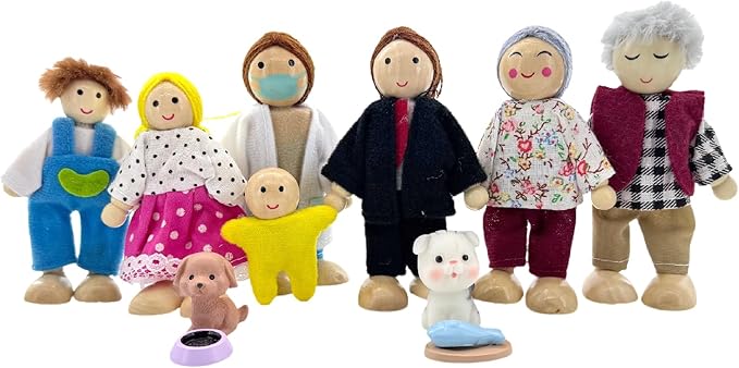 HYSTYLE 12 Pieces Wooden Dollhouse Family Set with Dog Cat Mini People Figures Dollhouse Dolls Wooden Doll Family Pretend Play Figures Accessories for Pretend Dollhouse (Style 4)