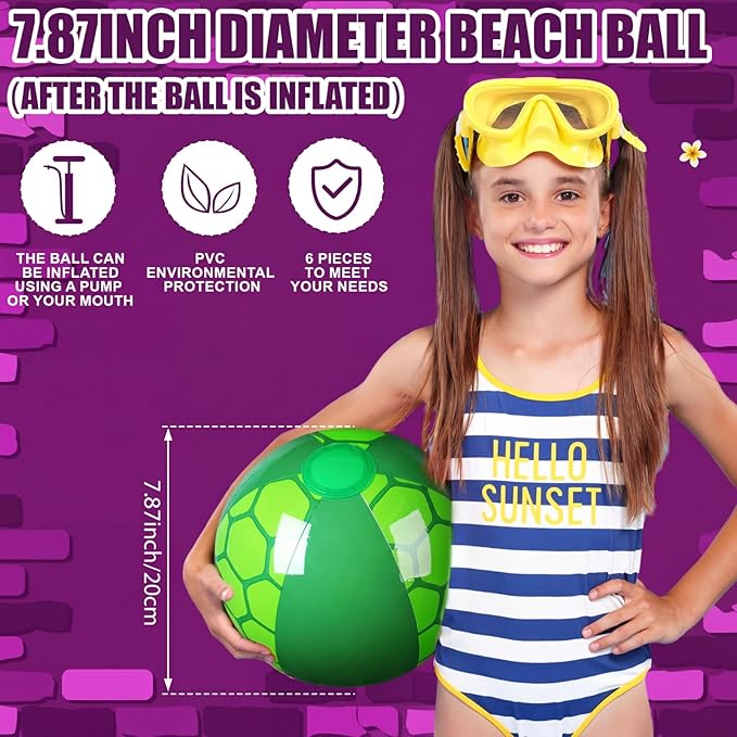 Leyndo 12 Pack Green Turtle Themed Beach Ball for Kids 7.87" Bulk for Summer Pool and Beach Game Gifts and Birthday Party Supplies and End of The Year Class Party Decoration Favors