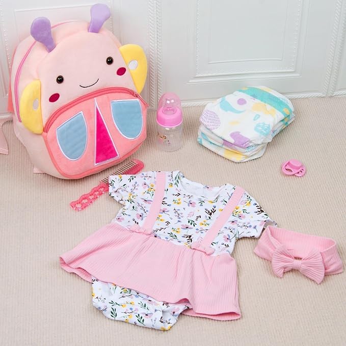 10 Pcs Reborn Baby Doll Clothes Pink Outfit Accessories for 17-22 Inch Reborn Dolls Newborn Girl Baby Clothes Set Flower Dress with Diaper Bag
