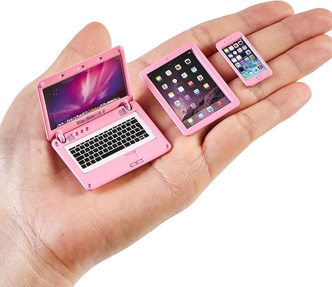1/12 Dollhouse Furniture Decor Laptop Accessories, 1/6 Scale Minature Tablet Smart Phone Mini Stuff Doll House Furniture Play Set Accessories 3 Pcs (Pink)
