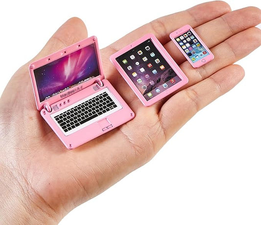 1/12 Dollhouse Furniture Decor Laptop Accessories, 1/6 Scale Minature Tablet Smart Phone Mini Stuff Doll House Furniture Play Set Accessories 3 Pcs (Pink)