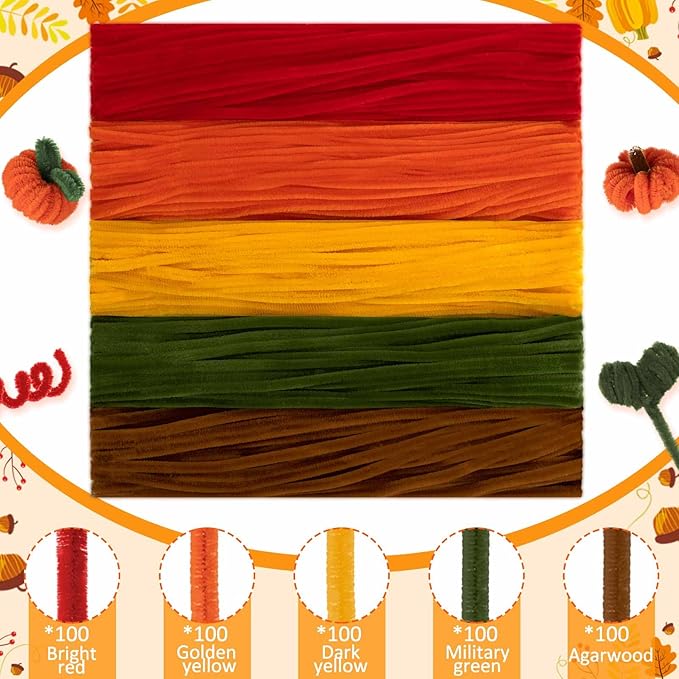 Peryiter 500 Pieces Pipe Cleaners Chenille Stems for Flowers Craft Supplies Bulk Fluffy Fuzzy Sticks for DIY Art Projects Creative Gift Wrapping Party Decorations(Fall Color,12 Inch)