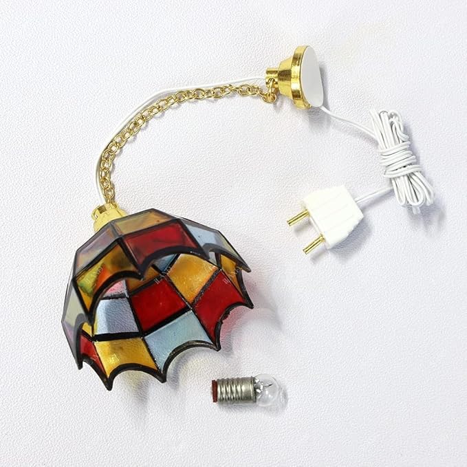 iLAND 1/12 Scale Accessories of Dollhouse Lights, Classic Miniature Lamp for Dollhouse Decoration, Beautiful Mosaic Lattice Pendant Light w/Plug