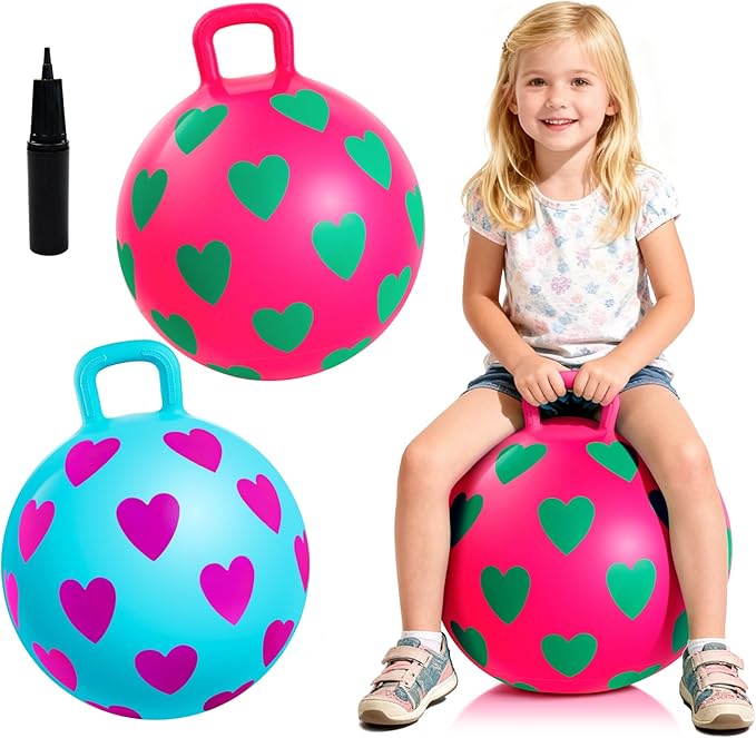 EVERICH TOY 2-Pack Hopper Ball for Kids, 15In Bouncy Ball with Handle, Full Heart Girls Toys for Indoor Outdoor Active Play, Great Balance Hopping Toys Gifts for 3 4 5 6 Yr Old Girls Boys