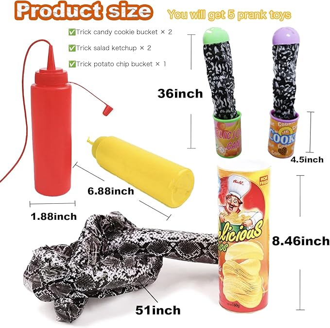 5pcs Snake in a Can + Ketchup Mustard Set + Potato Chip Fake Snake Prank Kit for Adults & Kids | Funny Jokes for April Fools & Parties