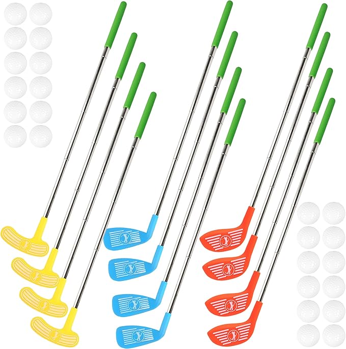 36 Pcs Kids Plastic Mini Golf Set Includes 12 Adjustable Golf Clubs and 24 Balls Perfect for Toddler Indoor Outdoor Play Great Gift for Birthdays and Parties, 3 Colors