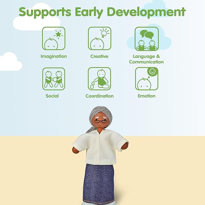 PlanToys® Grandmother Wooden Dollhouse Figurine | Poseable 1:12 Scale Mini Doll (5 Inch) | Dollhouse Accessories for Pretend Play | Eco-Friendly Montessori Toy for Kids Ages 3+
