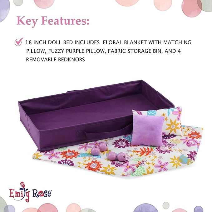 Emily Rose 18 Inch Doll Furniture - White Stackable Wooden Bed Set with Colorful Bedding & Large Clothes and Accessories Storage Bin | Fits American Girl Dolls