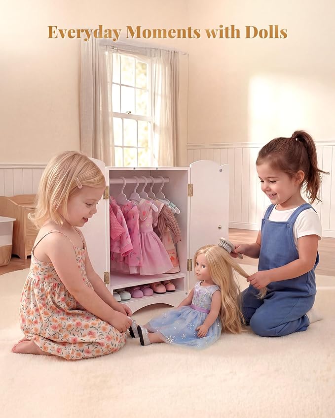 Wooden Baby Dolls Closet with 10 Hangers & Shelf, 12-16 Inch Doll Wardrobe for Baby Doll Clothes Storage, Magnetic Closure & Easy Assembly, Baby Doll Accessories Furniture