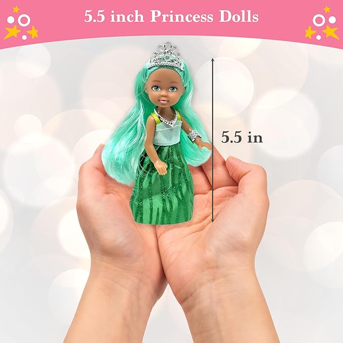 Little Dolls Set with Mini Princess Dolls for Girls – Princess Toy Dolls for Dollhouse –Small Doll Mini Princess Figures with Tiaras, Hair Accessories