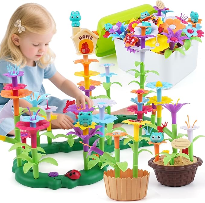 Flower Garden Building Toy for Toddler - Birthday Gifts for Preschool Kids Age 3-5 5-7 Years Old, Educational STEM Set with 140 Pieces, Girls Stacking Pretend Play Gardening Kit