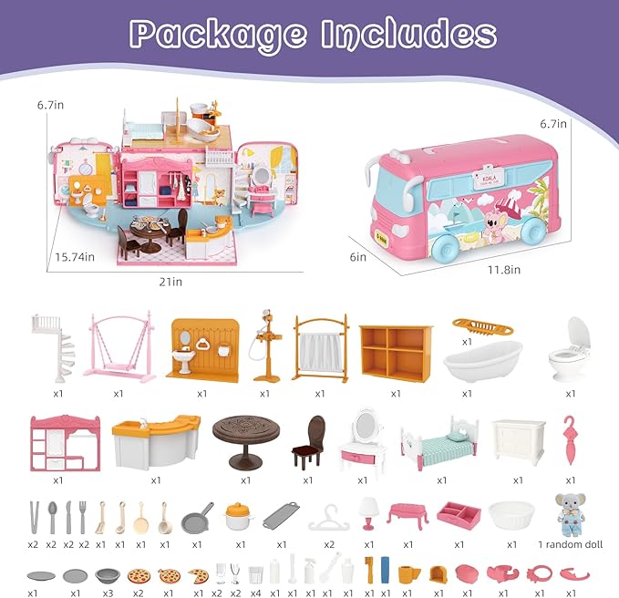 MITCIEN Dollhouse Playset, DIY Pretend Portable Caravan Camper Bus Toy Kit with Little Critters Bunny Dolls Mini Cottage House Set Camping Family Toys for Toddler 3 4 5 6 Year Old Girl