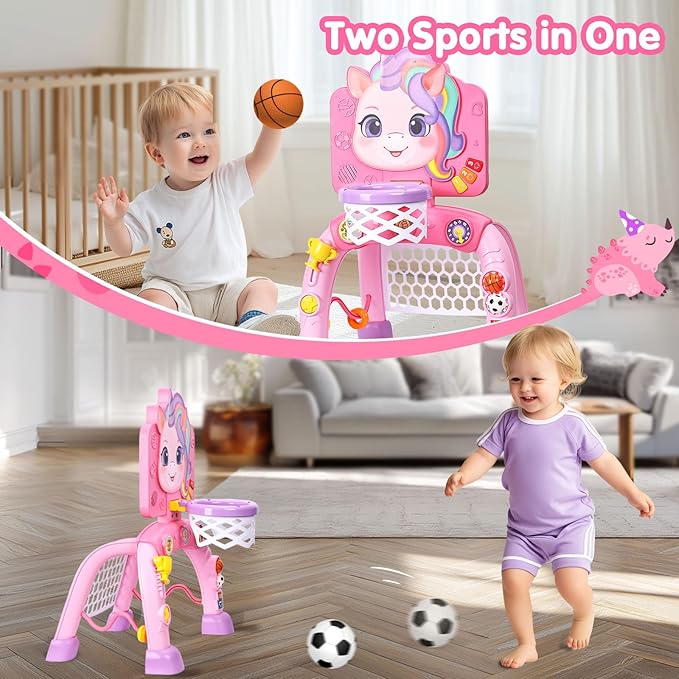 Toddler Basketball Hoop&Soccer Goal,Toys for 1 2 3 Year Old Girls,1+ Year Old Girl Gift 1st Birthday Chirstmas, Baby Sports Toy with Light Sound Music,12-18 Months Baby Activity Center
