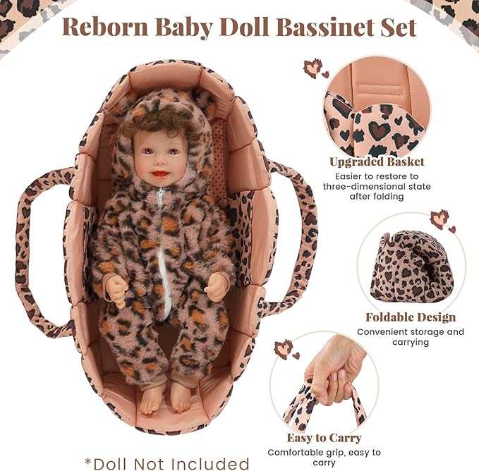 BABESIDE 3 Pcs Baby Doll Bassinet with Doll Bedding Set for 17-22 Inch Babydolls, Cute Heart Leopard Print Baby Dolls Crib with Pillow Blanket for Reborn Baby Doll Accessories, Brown