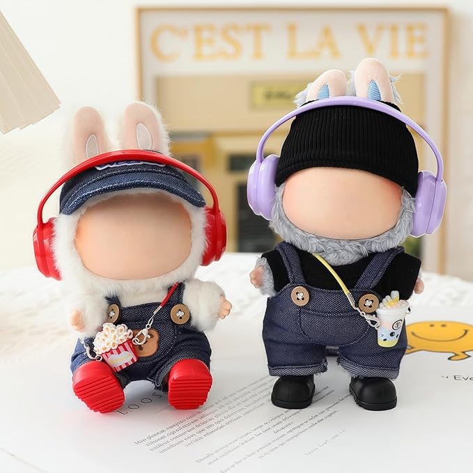 Clothes for Lu bubu 17cm Dolls(No Doll) Accessories, Stylish Kawaii Overalls Outfit Headphones Set 5 Pieces Suitable for 17cm Dolls , Doll Hat Headset Boots Clothing Set Replacement