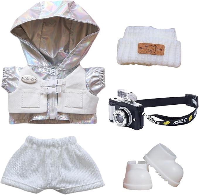 Outdoor Windbreaker Clothes Sets for Doll 15cm/17cm Sporty Outfits - Knit Hat, Jacket, Pants, Shoes & Detachable Mini Camera, Hiking/Camping/Snow Play Clothing for Mini Figures - White
