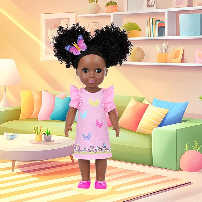 Ecore Fun 14.5 Inch Black Baby Doll with 12 Pcs Butterfly Theme Accessories - Realistic African Doll Black with Hair Clips, Comb, Mirror, Rainbow Dress, Pink T-Shirt, Phone, Stickers, Shoes