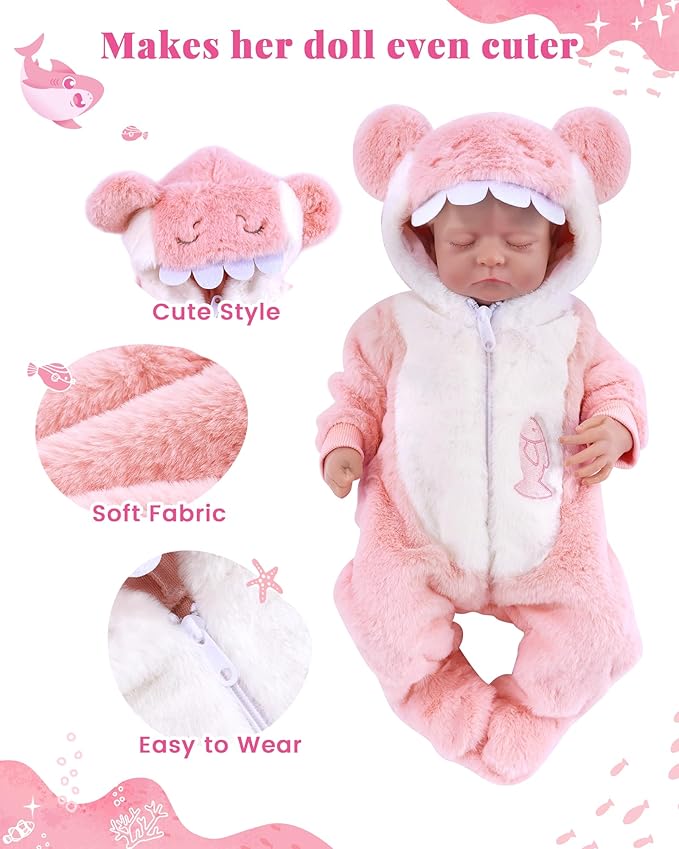 BABESIDE Reborn Baby Doll Clothes Set for 17-22 Inch Babydolls – Cute Shark Hoodie Babydoll Clothes for Lifelike Reborn Baby Doll Accessories, Pink