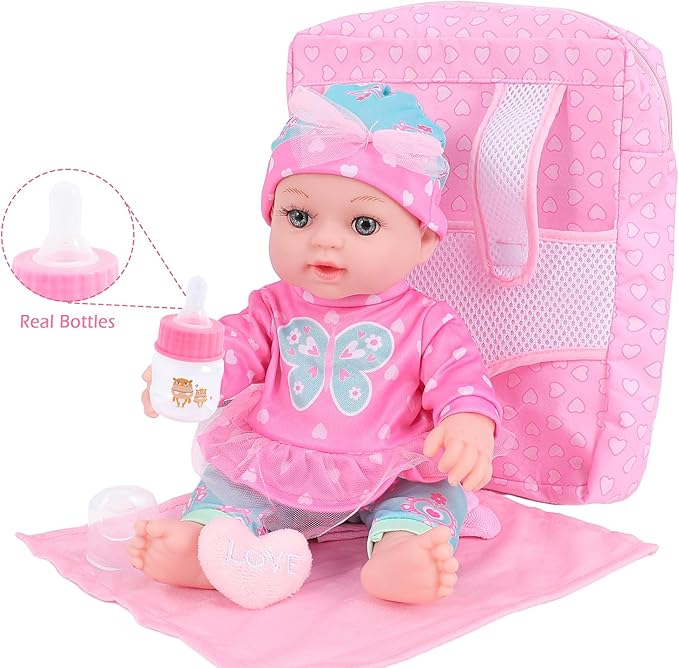 DONTNO 12 Inch Baby Doll with Clothes and Backpack Carrier,Reborn Baby Doll with Bottles Nipple
