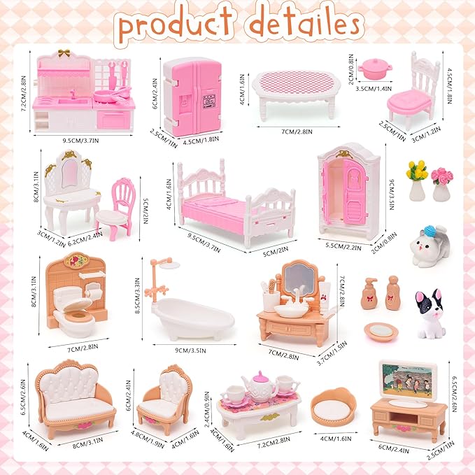 HAPGFS Doll House Mini Furniture 45 Pcs Dollhouse Furniture Set Accessories Pretend Play Bedroom Living Room Bathroom Kitchen for Kids Birthday and Christmas Mixed Color