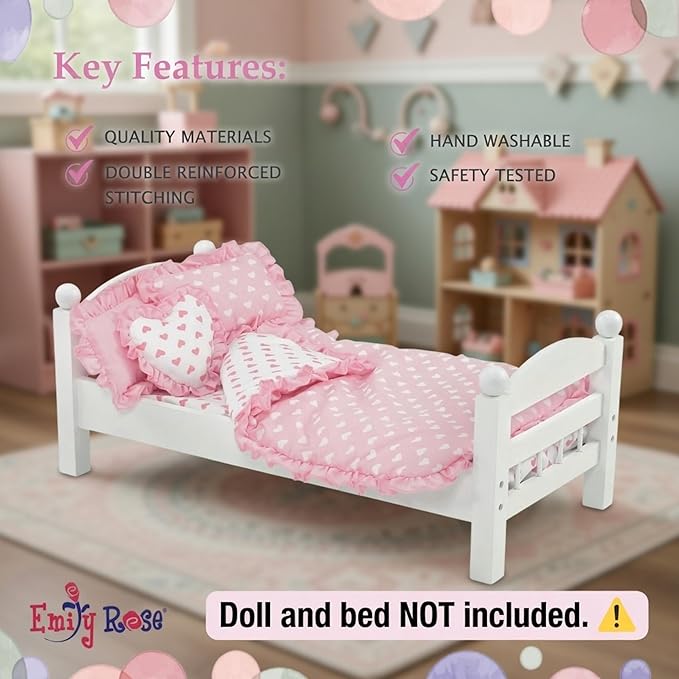 Emily Rose 18" Doll Pink Heart Valentines Bedding Set – 5 Pc Doll Bed Bedding & Bedroom Accessories with Comforter, Pillows & Matress Covering Flat – Fits American Girl, Bunk Beds, Cribs
