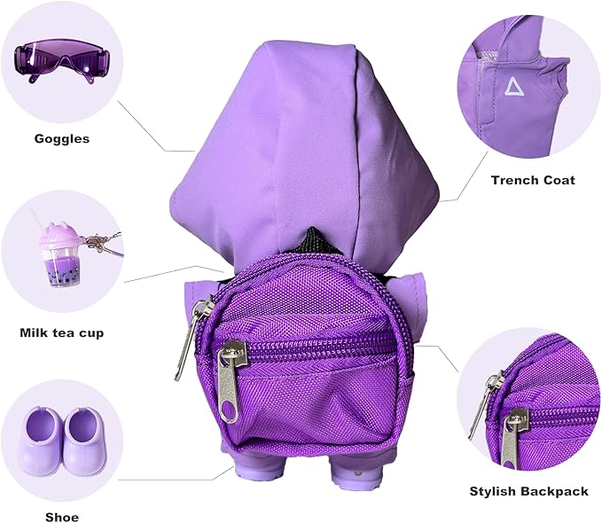 Doll Clothes for LABUBU – Purple Windbreaker 4-Piece Outfit Set | Adorable 17cm Doll Clothes with Hooded Jacket, Glasses, Bag & Shoes | Complete Fashion Accessory Set (Doll Not Included)