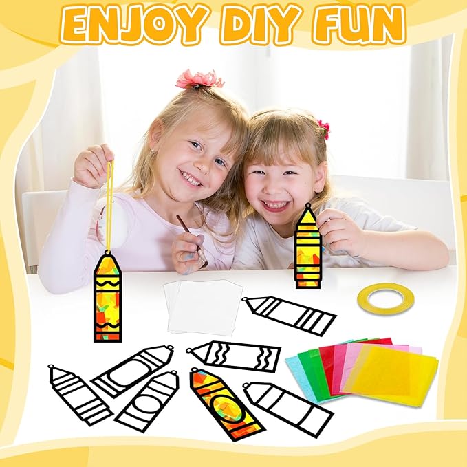 32 Sets Back to School Crayon Suncatchers Craft Kit DIY Window Stained Glass Effect Crayons Paper Crafts for Home School Classroom Decoration Kid Birthday Gifts Creative Art Projects Activity Game