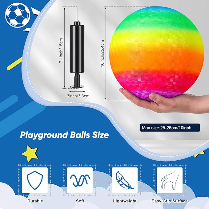 Hanaive 6 Pcs Kickballs 10 Inch Playground Ball Rubber Inflatable Dodgeball with Pump and Storage Bag Bouncy Kickball for Adults Sports Outdoor Activities(Rainbow)