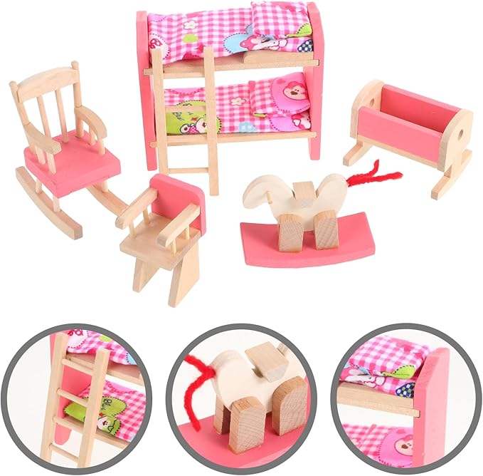 Wooden Dollhouse Bedroom Furniture: Doll Bunk Bed Rocking Horse Chair, DIY 1:12 Scale Miniature Doll House Decoration Accessories for Ages 3+ Role-Playing