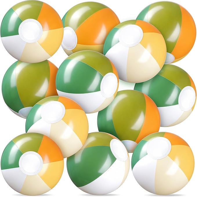Realspring 12 Pcs Inflatable Beach Balls Kids Bulk Matcha Green Stripe Jumbo Big Beach Balls Pool Floating Toys for Adults Water Games Forest Hawaiian Birthday Summer Swimming Party Decor(12.5 Inch)