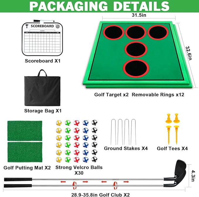 2Pack Golf Game Play Set, Golf Chipping Cornhole Games for Adults with 30 Sticky Golf Balls, 12 Hole Covers, 2 Golf Clubs＆Carrying Bag, Indoor Outdoor Lawn Backyard Golf Gifts for Men＆Kids